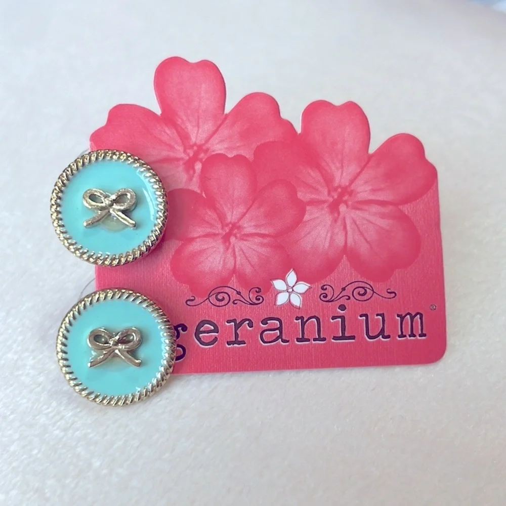 Geranium Round Blue Enamel Circle Gold Tone Bow Earrings